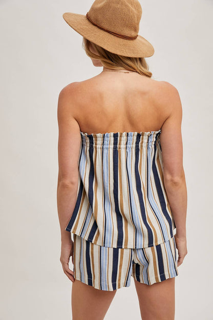 CORFU STRIPED SLEEVELESS SMOCKED TOP & SHORTS SET: NAVY COMBO / SMALL