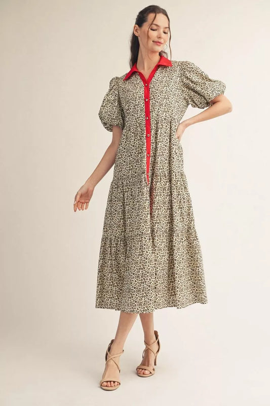 The Alexandra Button Down Leopard Midi Dress