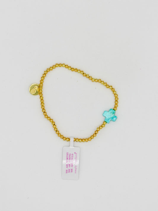 Simply Southern Blue Cross Gold Bead Bracelet
