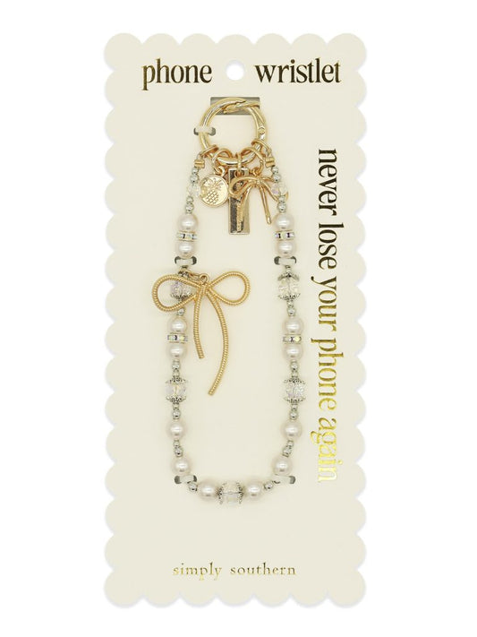Simply Southern Silver and Pink Pearl Beaded Phone Wristlet with Gold Bow