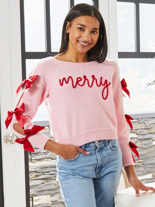 Simply Southern Pink Merry Bow Sweater