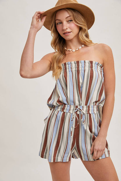 CORFU STRIPED SLEEVELESS SMOCKED TOP & SHORTS SET: NAVY COMBO / SMALL