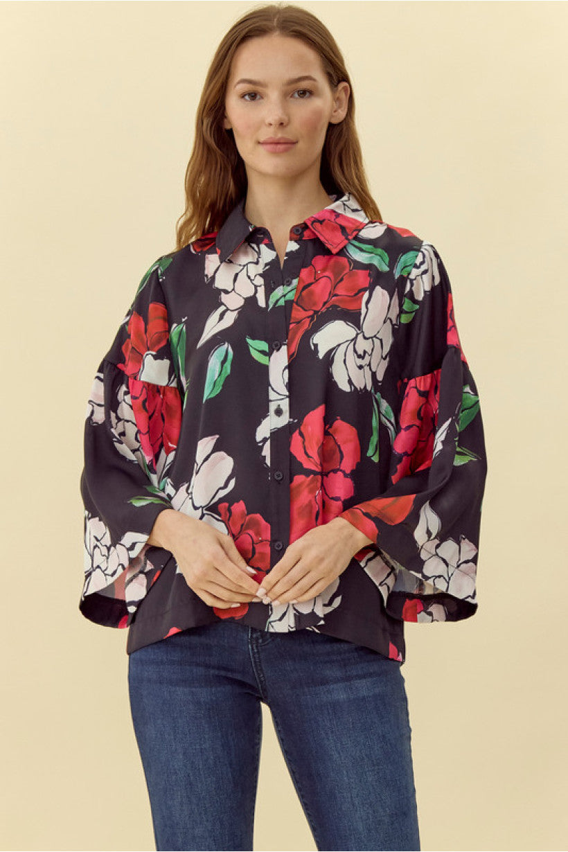 Jodifl satan flower print top, black/red