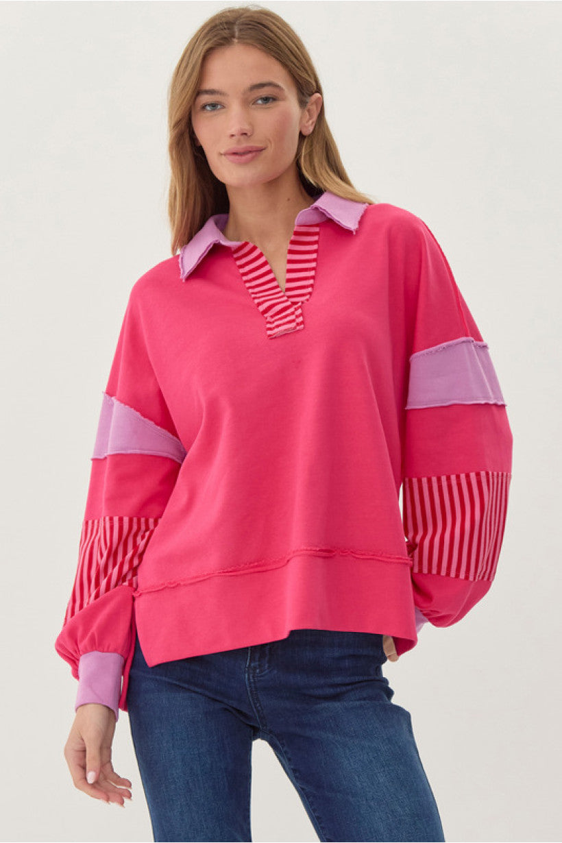 Fuchsia Mixed Stripe Colorblock Sweatshirt