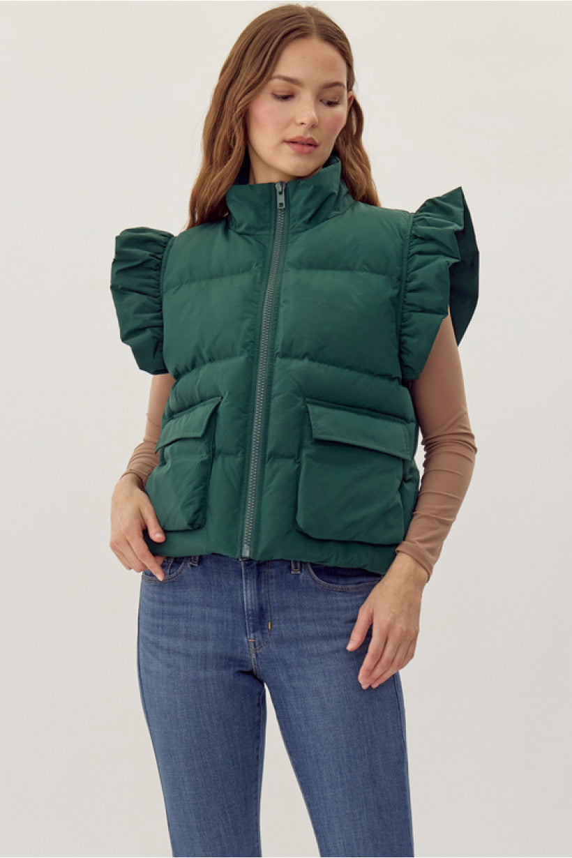 Jodifl Hunter Green Ruffly Puffer Vest