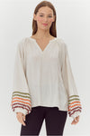 Jodifl Oatmeal peasant top, swirl color trim sleeves