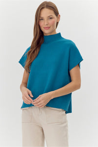 Teal Ribbed Knit Mock Neck Top