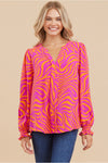 Hot Pink and Orange Zebra Print V-Neck Top