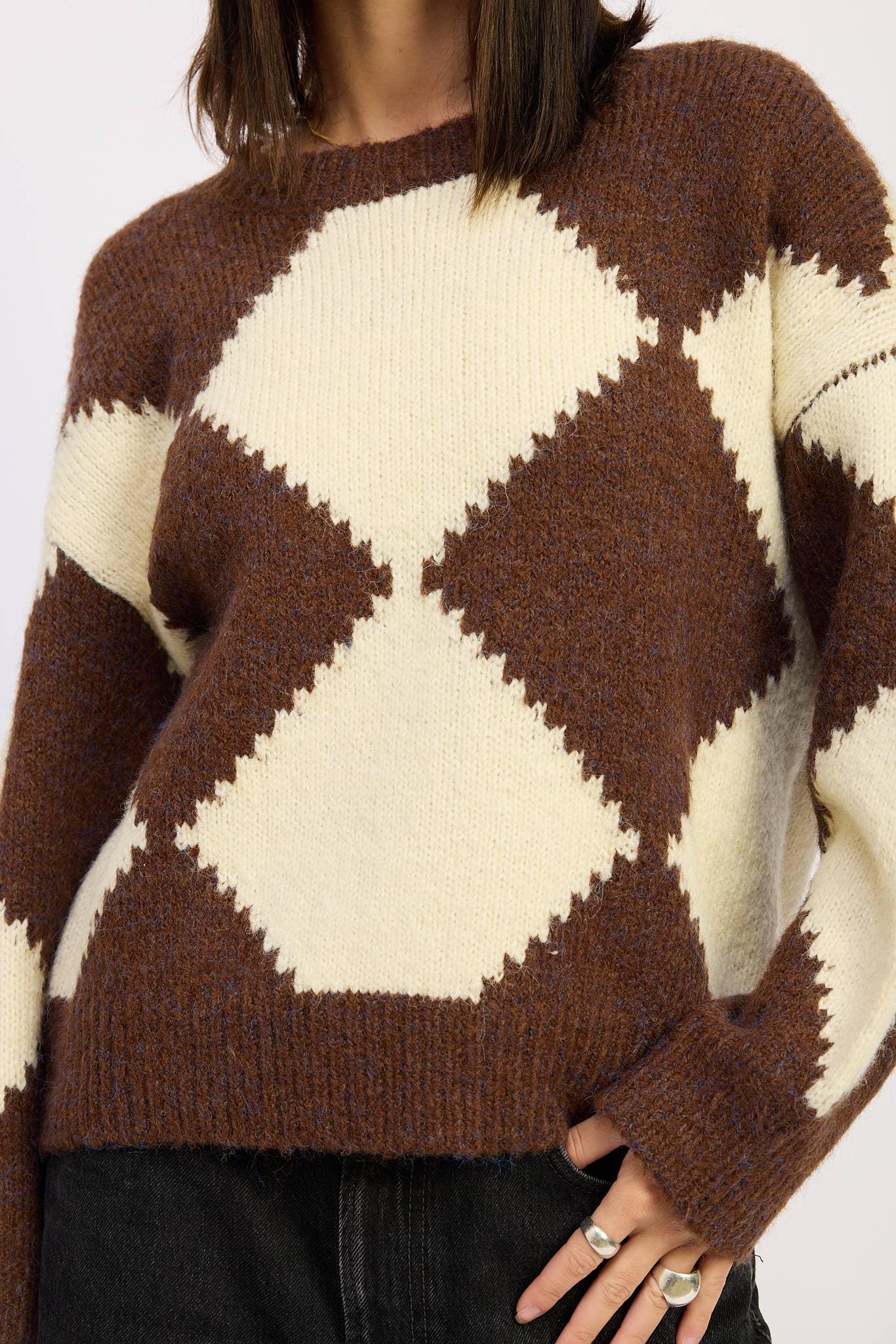 Chocolate and Ivory Two Tone Argyle Sweater