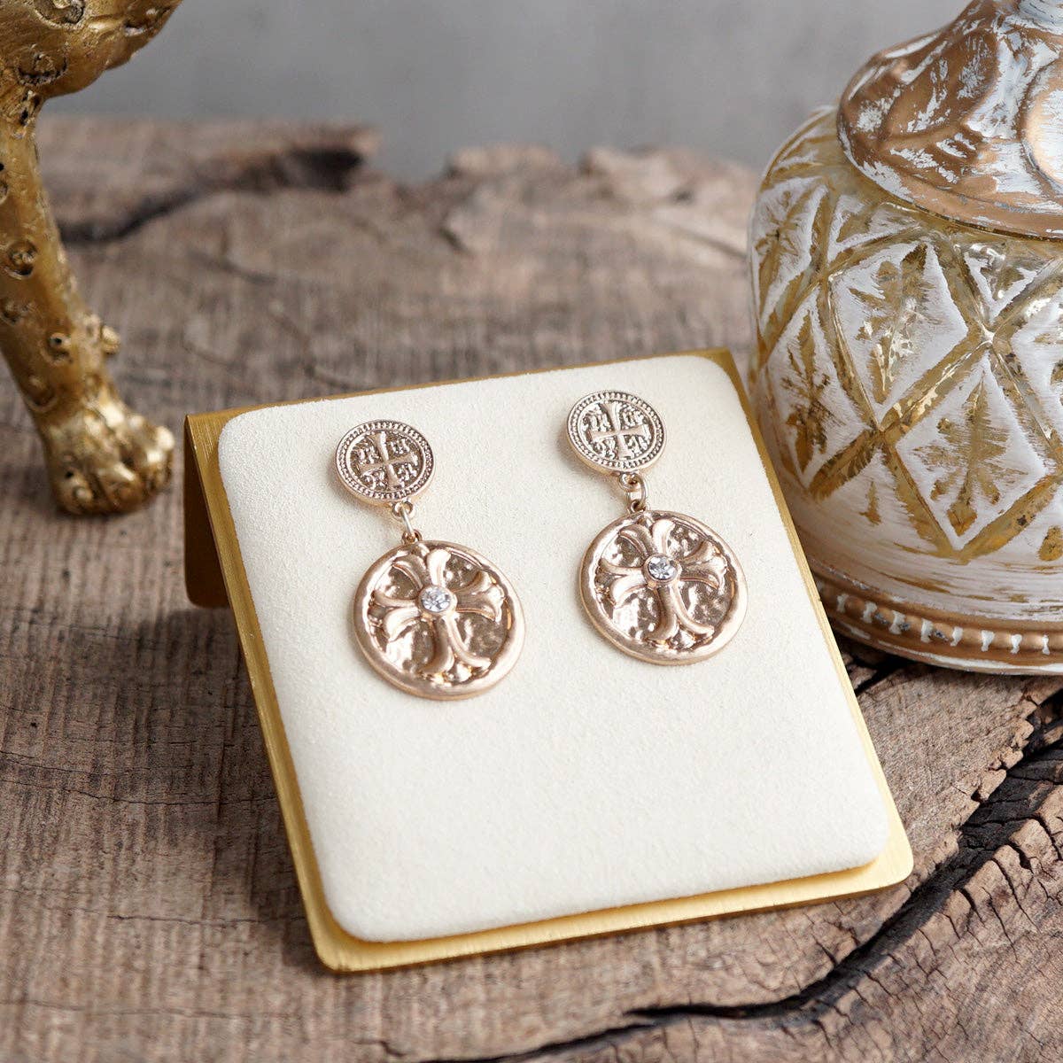 Faith & Relic – Cross Coin Dangle Earrings in Worn Gold or Silver
