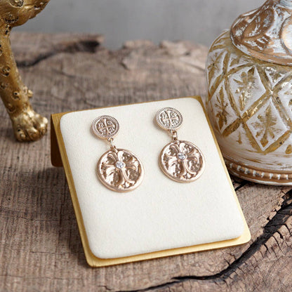 Faith & Relic – Cross Coin Dangle Earrings in Worn Gold or Silver
