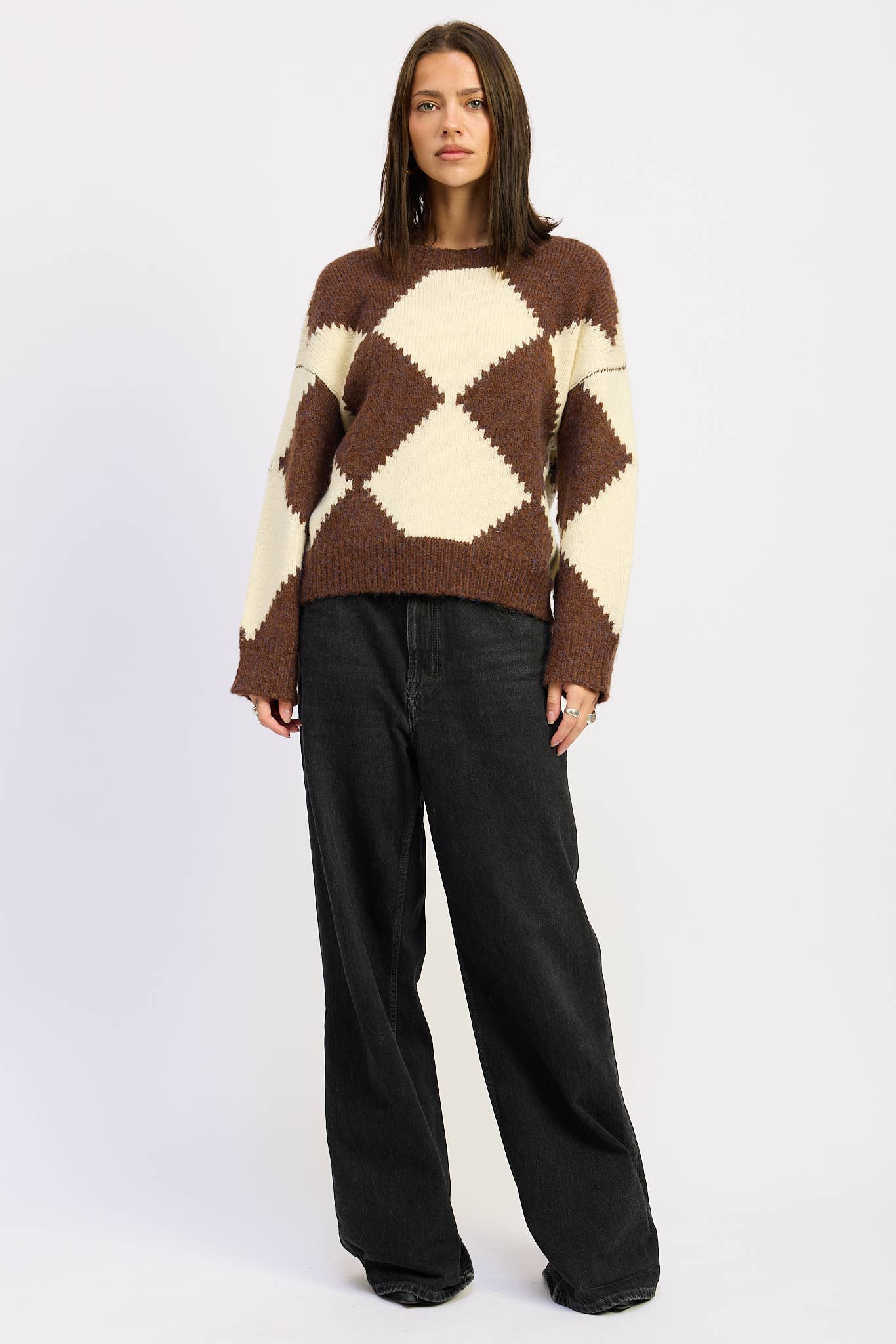 Chocolate and Ivory Two Tone Argyle Sweater