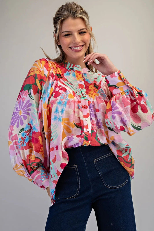 Raspberry Pink Retro Floral Button Down Blouse