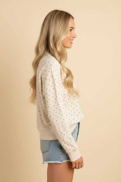 Ditsy Floral Mock Neck Pullover - Cream