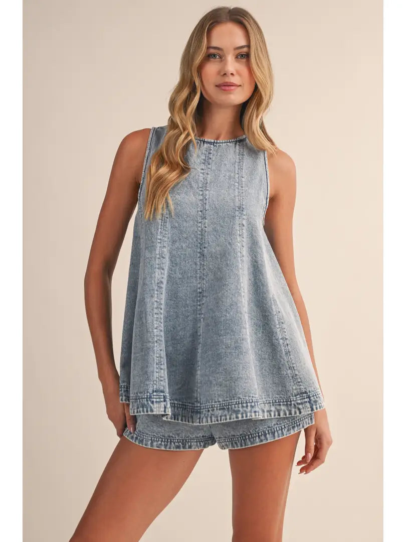 Denim Longline Sleeveless Top and Shorts Set