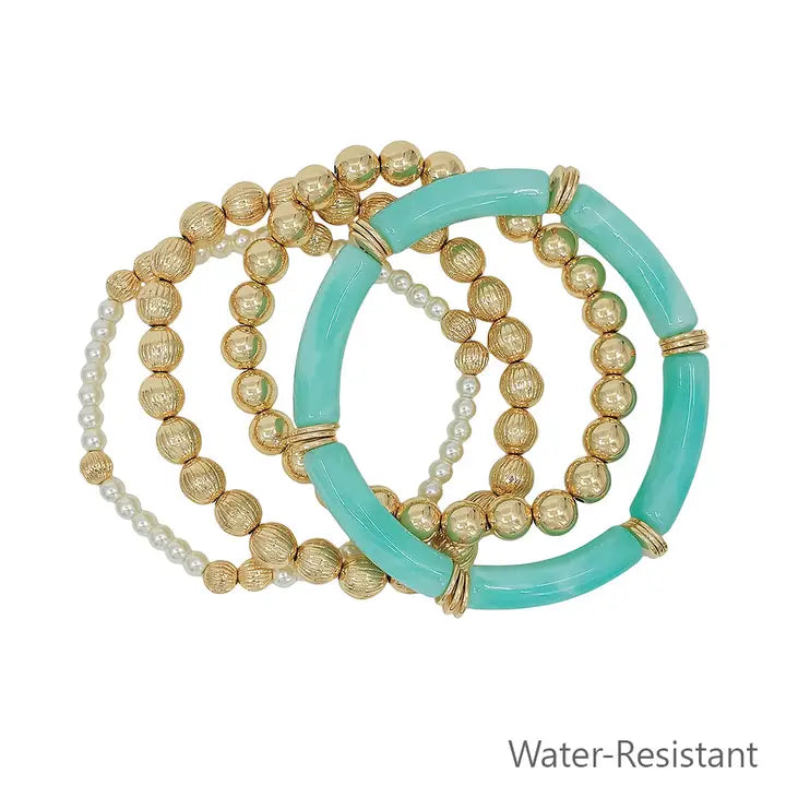 Water Resistant Set of 4 Mint Resin with Gold and Pearl Beaded Stretch Bracelets