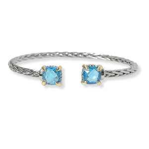 Two tone/Blue, 14K Gold Plated, designer inspired cubic zirconia cuff bracelet