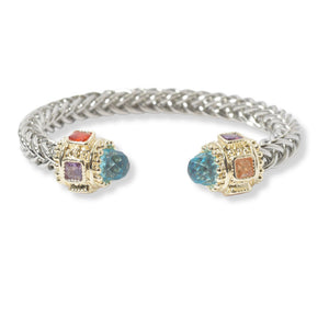 Two tone/Blue Multi, cubic zirconia designer inspired cable cuff bracelet