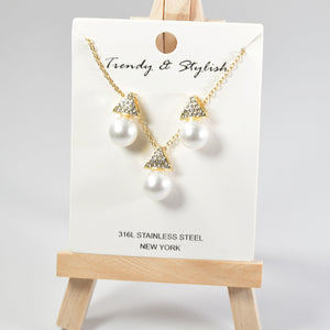 Gold Pearl & Pave Triangle Stainless Steel Pendant Necklace Set