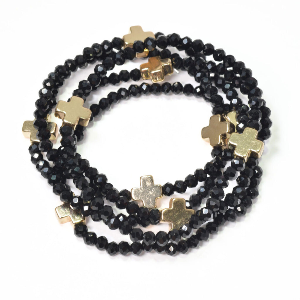 Black Stretch Bracelet With Gold Cross Accents