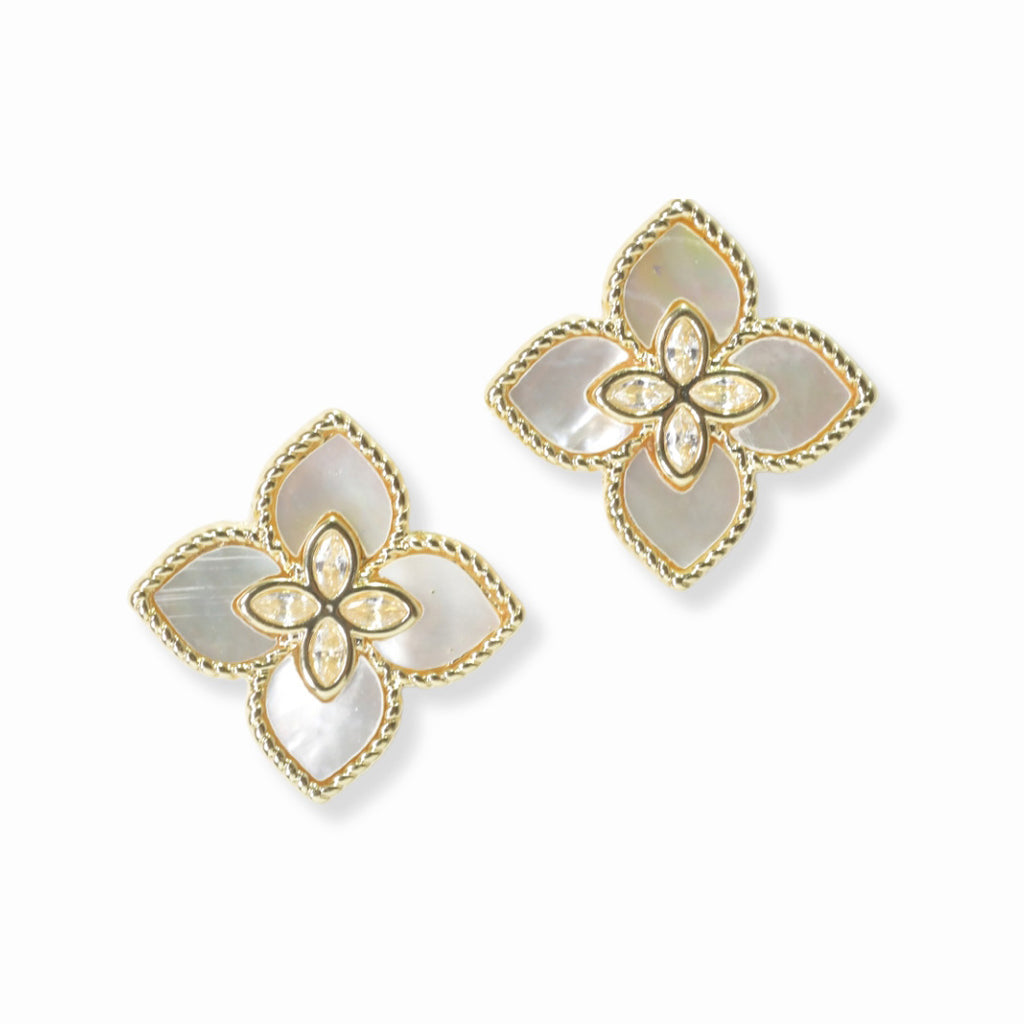 Gold/Mother of Pearl Floral Clover Stud Earring