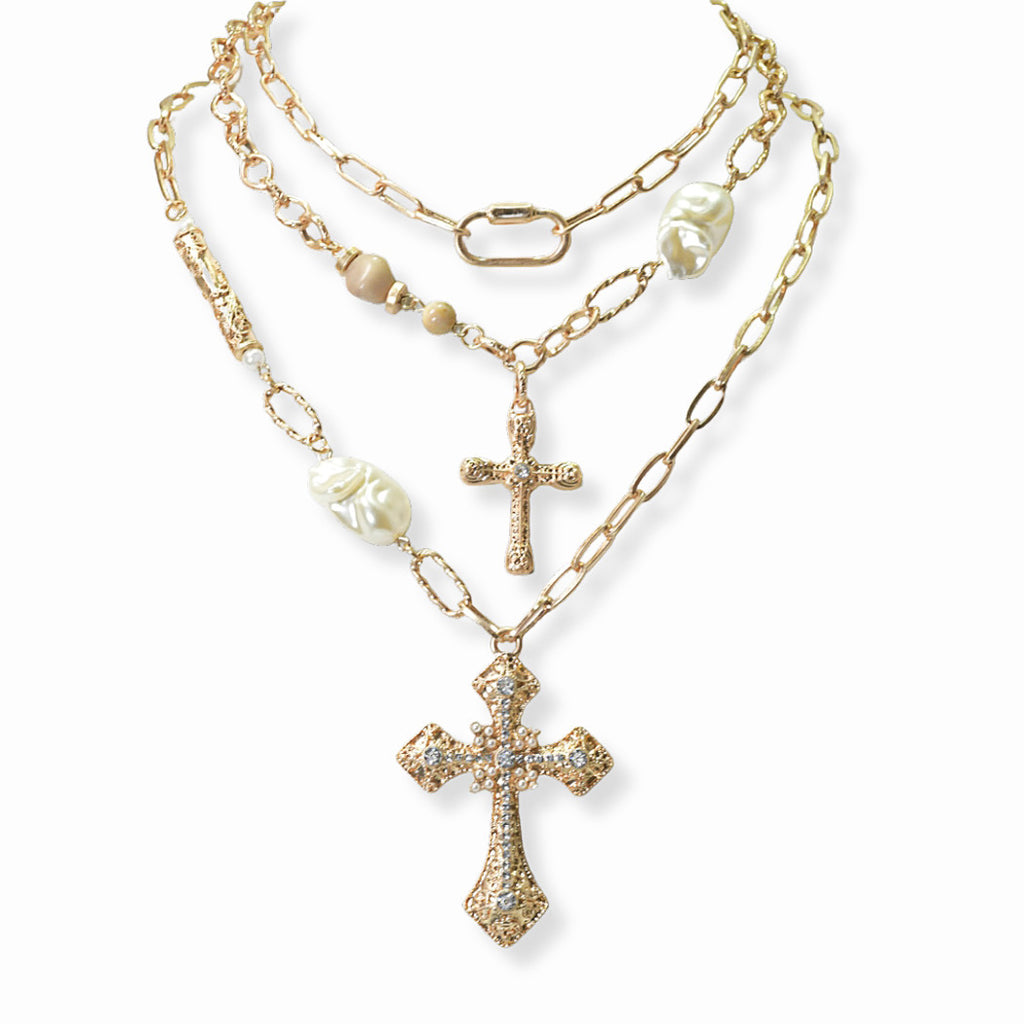 Cross Charm Multi Layered Statement Necklace