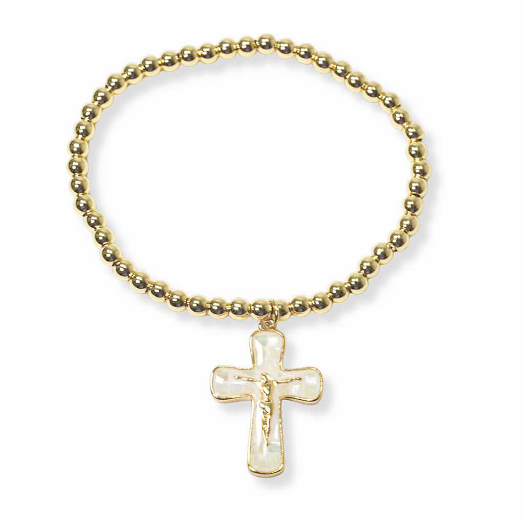 Crucifix Cross Charm Beaded Stretch Bracelet