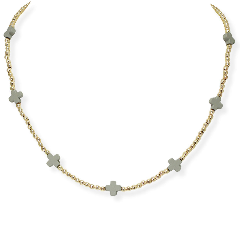 Grey Multi Cross Accent Dainty Beaded Necklace