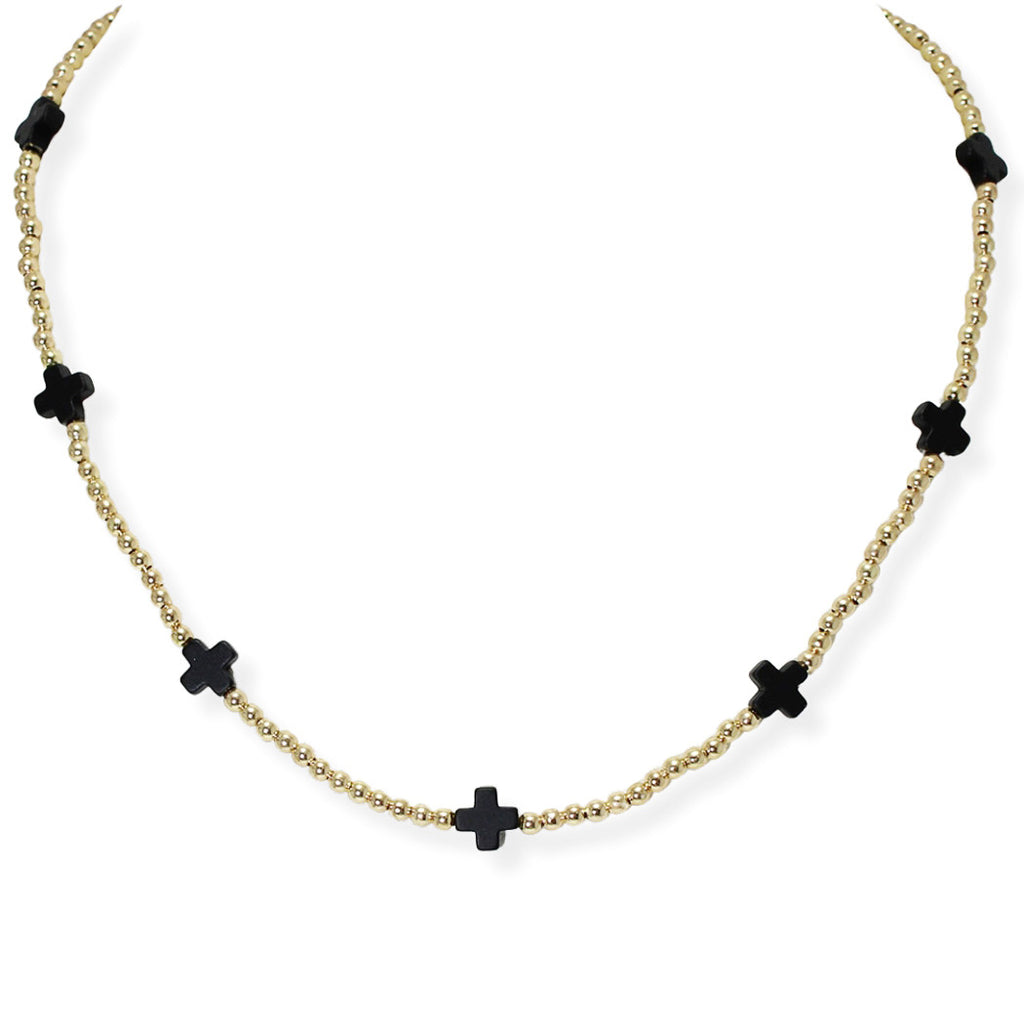 Gold/Black Cross Accent Dainty Beaded Necklace