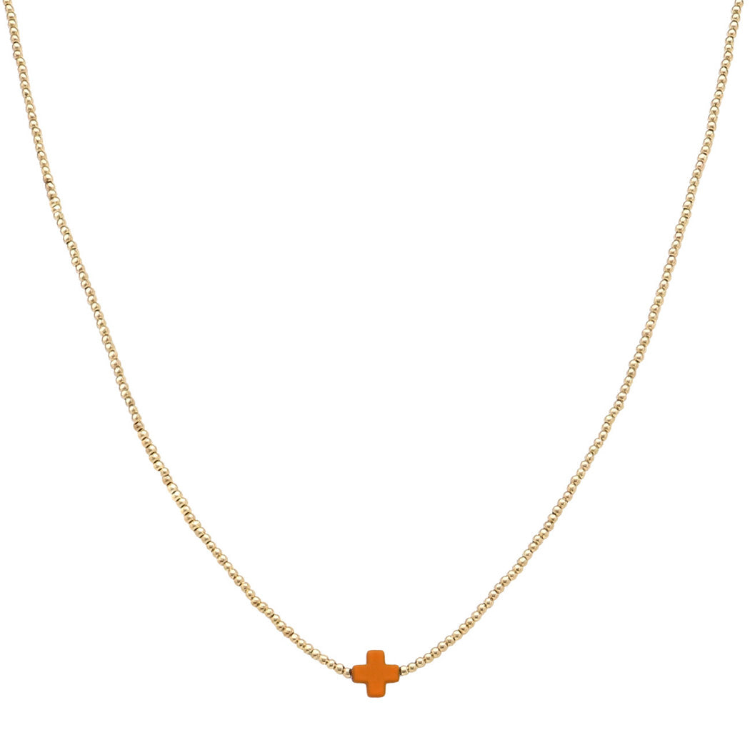 Orange Dainty Cross Accent Beaded Necklace