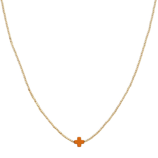 Orange Dainty Cross Accent Beaded Necklace