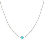 Silver Turquoise Dainty Cross Accent Beaded Necklace