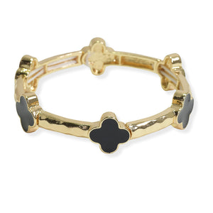 Gold/Black Clover Accent Hammered Metal Stretch Bracelet