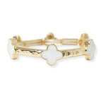 Gold/White Clover Accent Hammered Metal Stretch Bracelet