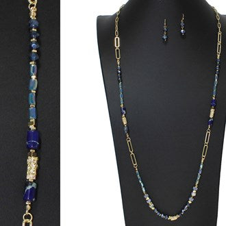 Gold/Blue Semi Precious Stone Beaded Long Necklace