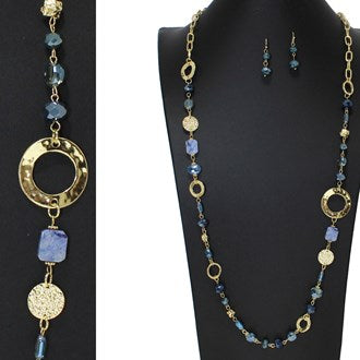 Gold/Blue Round Accent Semi Precious Stone Beaded Long Necklace