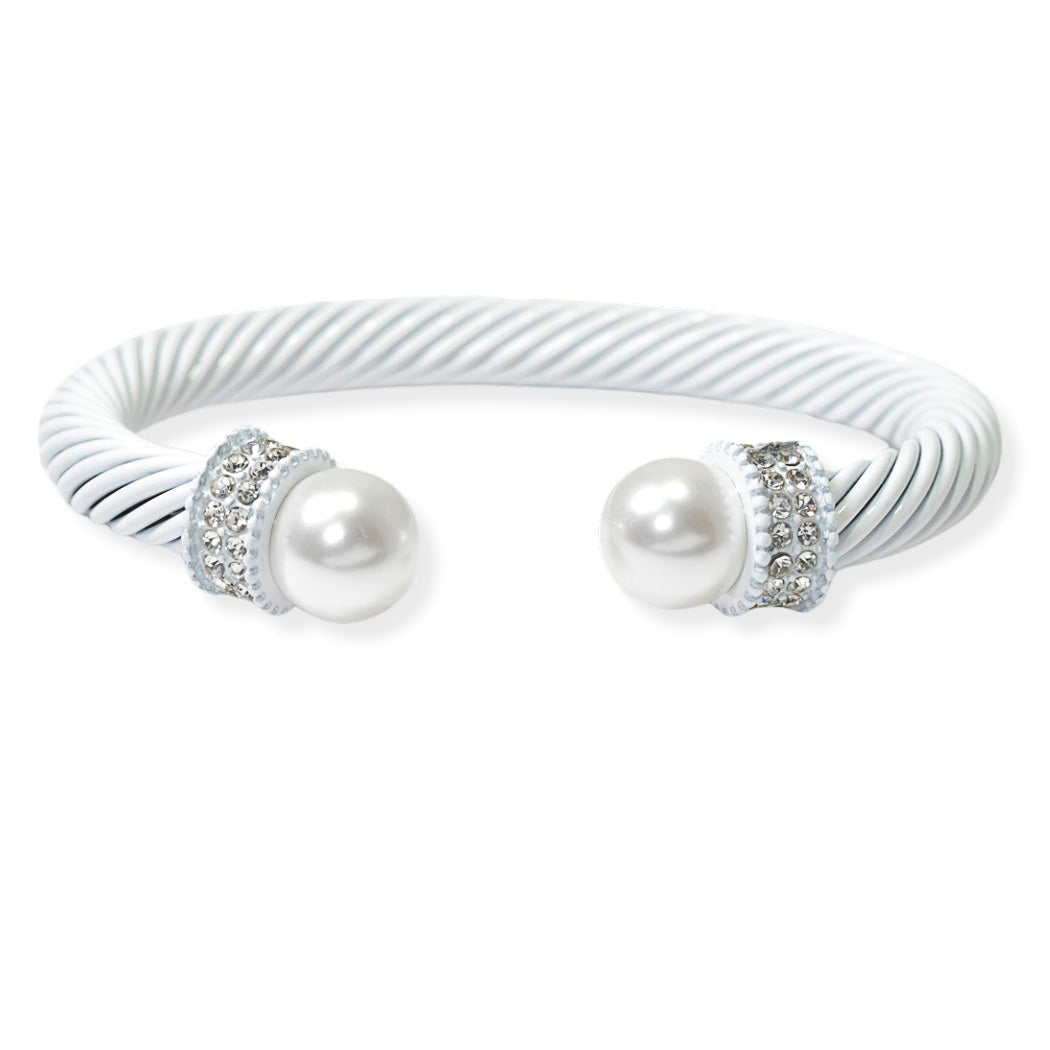 White and Pearl with Crystal Rhinestone Accent Cable Cuff Bracelet