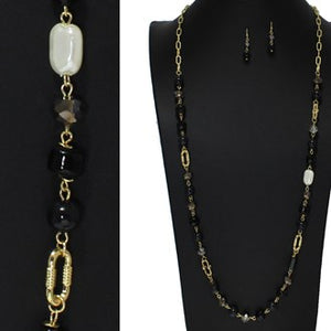 Gold/Black Semi Precious Stone with Saltwater Pearl Beaded Long Neckalce