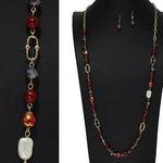 Gold/Red Semi Precious Stone With Freshwater Pearl Beaded Long Necklace