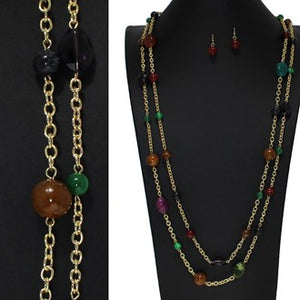 Gold/Multi Semi Precious Stone Beaded Double Layered Long Necklace