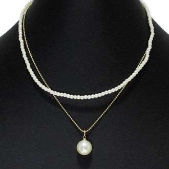 Gold and Pearl Charm Accent Dainty Double Layered Pearl Beaded Necklace