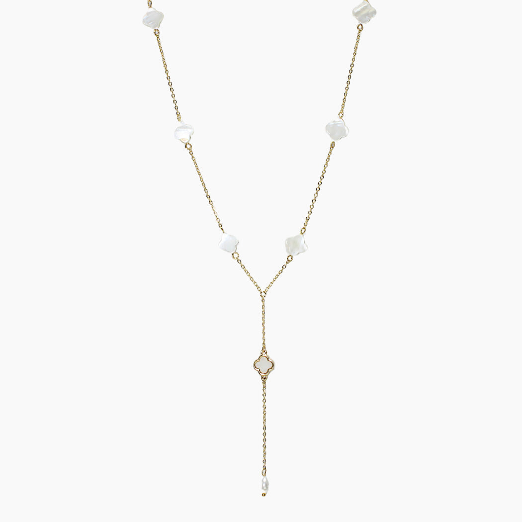 Gold Mother of Pearl Clover Accent Y-shape Necklace