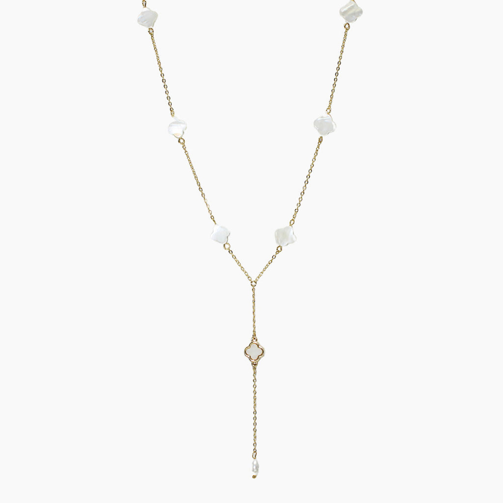 Gold Mother of Pearl Clover Accent Y-shape Necklace