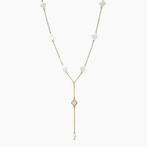 Gold Mother of Pearl Clover Accent Y-shape Necklace