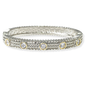 Two Tone/Clear Round CZ Accent Designer Inspired Bangle Bracelet