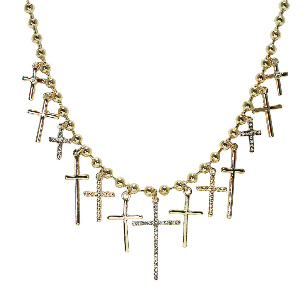 Gold Pave Cross Multi Charm Necklace