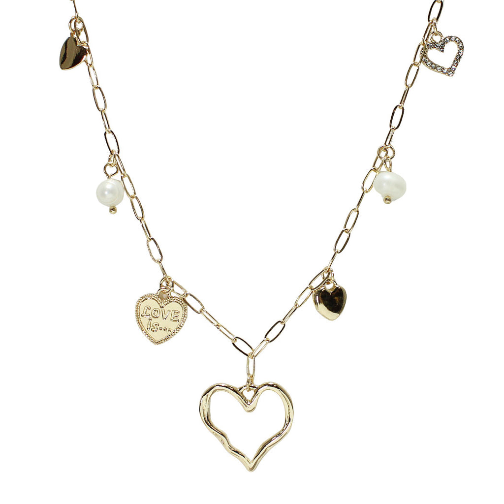 Gold Love is Heart, cutout Heart, and Freshwater Pearl Charm Necklace