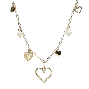 Gold Love is Heart, cutout Heart, and Freshwater Pearl Charm Necklace