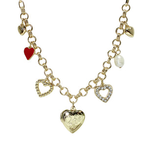 Gold Heart Locket, Pave Heart and Enamel heart Charm Necklace