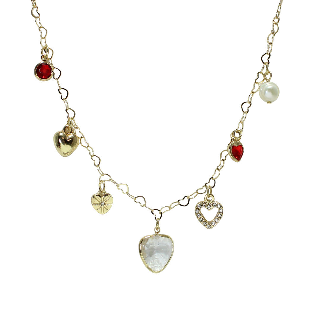 Gold/Red Crystal Heart, Pave Heart and Pearl Multi Charm Necklace